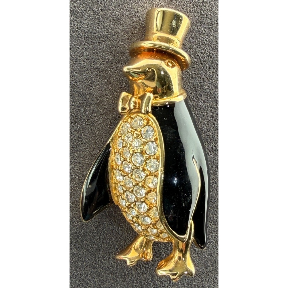 Vintage Swarovski Penguin Brooch Top Hat Crystal Belly Black Enamel Gold Tone